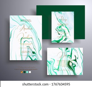 Colección de invitaciones de boda acrílicas con patrón de piedra. Agate las cubiertas vectoriales con efecto de mármol y lugar para el texto, los colores verde, dorado y blanco. Diseñado para tarjetas de felicitación, embalajes, etc.
