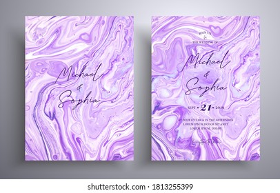 Collection of acrylic wedding invitations with stone texture. Mineral vector cards with marble effect and swirling paints, lavender, purple and white colors. Designed for posters, packaging and etc.