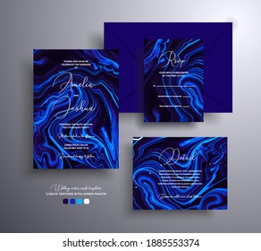 Colección de invitaciones de boda acrílicas con textura de piedra. Tarjetas vectoriales minerales con efecto de mármol y pinturas giratorias, azul marino, violeta y azul. Diseñado para carteles, embalajes, etc.