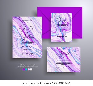 Collection of acrylic wedding invitations with stone marble texture. Agate vector cards with marble effect and swirling paints, lilac, blue and white colors. Designed for greeting cards, packaging and etc.