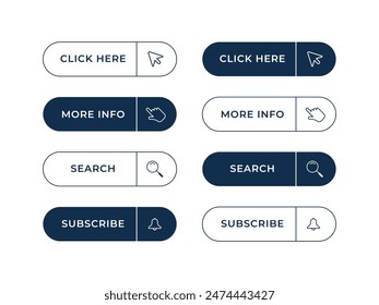Collection of action buttons. Press here button with the Click cursor. Hand cursor and arrow pointing to link buttons. Add to cart, buy now buttons. Search button. Subscribe button. More info button.