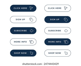 Collection of action buttons. Press here button with the Click cursor. Hand cursor and arrow pointing to link buttons. Add to cart, buy now buttons. Sign up button and More info button.