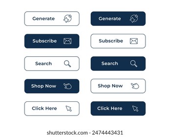 Collection of action buttons. Press here button with the Click cursor. Hand cursor and arrow pointing to link buttons. Add to cart, buy now buttons.