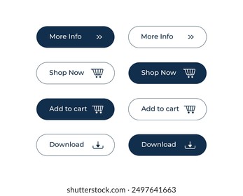 Collection of action buttons. Press here button with the Click cursor. Hand cursor and arrow pointing to link buttons. Download, Add to cart, buy now buttons. Sign up button and More info button.