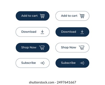 Collection of action buttons. Press here button with the Click cursor. Hand cursor and arrow pointing to link buttons. Download, Add to cart, buy now buttons. Sign up button and More info button.