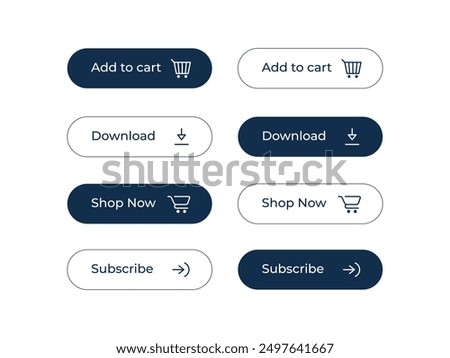 Collection of action buttons. Press here button with the Click cursor. Hand cursor and arrow pointing to link buttons. Download, Add to cart, buy now buttons. Sign up button and More info button.