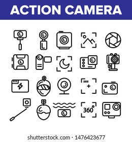 Collection Action Camera Sign Icons Set Vector Thin Line. Types Of Camera Linear Pictograms. Device Stick And Object Glass, Recording Mode And Watertight Housing Monochrome Contour Illustrations