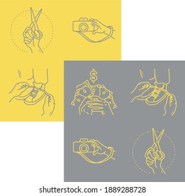 Collection of action handwork icons isolated on a contrasting background. Yellow and gray  hand with scissors, take pictures, tie shoelaces, count money vector outline icons set 