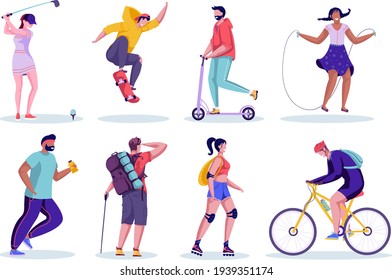 Collection of active characters. Making sports. Woman and man spending time outdoor. Playing golf, rope jumping, running, hiking, cycling, rollerblading. Vector characters in flat cartoon style.