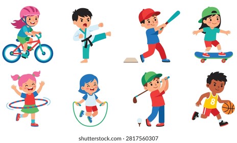 Collection of active kids cycling doing karate playing baseball skateboarding hula hooping jumping rope playing golf and basketball character set.