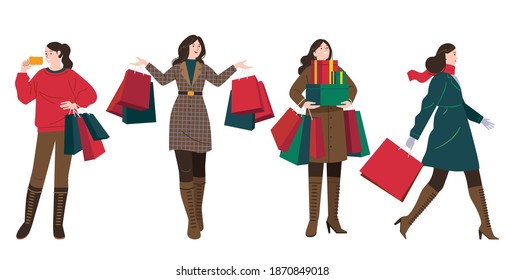 A collection of activities of a woman who is doing shopping, like bring the paper bag, gift box and holding a credit card.