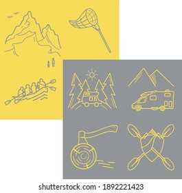 Kollektion von Aktivitätssymbolen einzeln auf kontrastem Hintergrund. Gelbe und graue Wanderung, Rafting, Klettern, Ausgehen, Natur, Fang von Schmetterlingen, Hoppen-Holz-Vektorgrafik-Symbole 