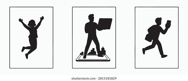 Collection of activity and occupation silhouettes isolated on white background. Black vector illustrations featuring a celebrating person, a professional giving a presentation, and a running athlete, ideal for business, success, fitness, career, and lifestyle concepts.