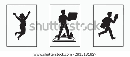 Collection of activity and occupation silhouettes isolated on white background. Black vector illustrations featuring a celebrating person, a professional giving a presentation, and a running athlete, ideal for business, success, fitness, career, and lifestyle concepts.