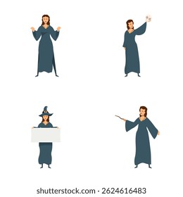 Collection of actor illustrations in various poses, including holding a skull and wearing a costume hat