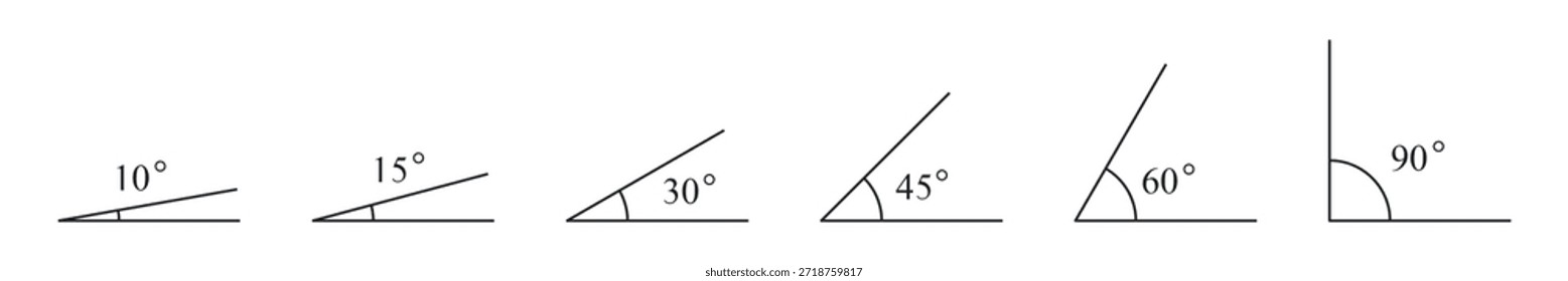 Sammlung von spitzen und rechten Dreieckswinkeln. Verschiedene Winkel 10, 15, 30, 45, 60, 90 Grad Symbolsatz. Geometrie und Trigonometrie-Symbolsatz, Vektorgrafik
