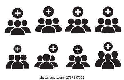 Uma coleção de adicionar grupo e adicionar ícones de vetores de pessoas para plataformas digitais e web design