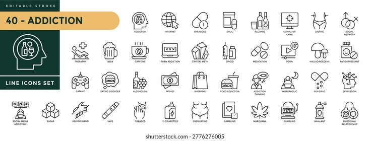 A collection of Addiction icons set with editable stroke, including Alcoholism, Gaming, Addiction,  Phone Addiction, Overdose, Treatment, Medication, Sugar. Thin linear vector illustration.