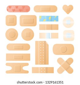 Collection of adhesive bandages, plasters or patches isolated on white background. Bundle of medical dressings of various types for wounds and injuries. Modern vector illustration in flat style.