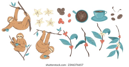 Collection of Adorable Baby Sloths: Cartoon Flat Vector Set Depicting Lazy Wild Animals on Branches, Climbing Trees, and Enjoying Leaves. Perfect Design Elements for Stickers, Social Networks, and Mor