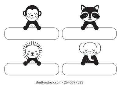 Collection of adorable black and white animal stickers featuring a monkey, raccoon, lion, and elephant. Perfect for kids, labeling, school supplies, crafts, and educational projects.