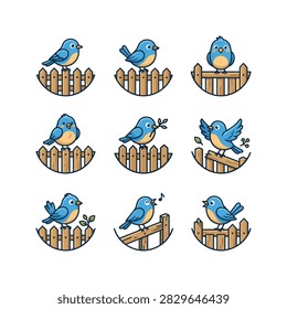 A collection of adorable blue bird cartoon character icons perched on wooden fences, perfect for springtime branding, social media assets, and nature-themed graphic design projects.