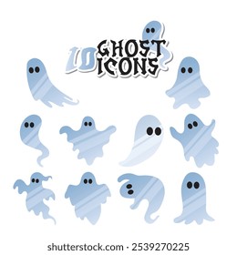 Colección de adorables iconos de fantasmas azules con diseños simples para Halloween, Ilustración vectorial