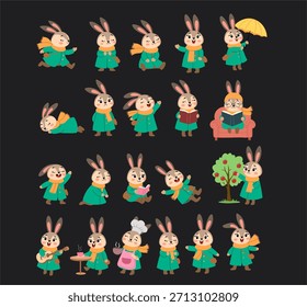 Collection of Adorable Bunny Characters Engaging in Daily Life