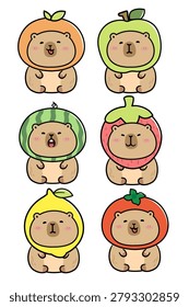 A collection of adorable capybara mascot characters wearing various fruit hoodies, including orange, apple, watermelon, strawberry, lemon, and tomato. Perfect for stickers, kids' designs, patterns, and cute merchandise.