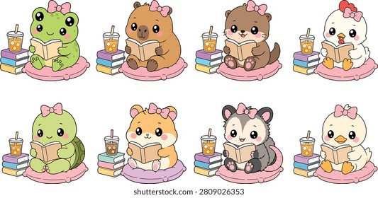A collection of adorable cartoon animals including a frog, capybara, otter, chicken, turtle, hamster, opossum, and duckling, all reading books.