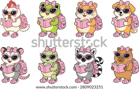 Collection of adorable cartoon animals with pink bows, sunglasses, and backpacks, holding books, isolated on white background.