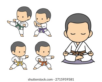 Una colección de adorables personajes de dibujos animados que muestran diferentes movimientos de artes marciales y una pose de meditación pacífica.