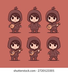 Una colección de adorables personajes de dibujos animados, cada uno con una sudadera con capucha y tocando varios instrumentos musicales de cuerdas, representados en un estilo encantador y simple.