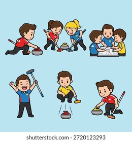 Eine Sammlung bezaubernder Comic-Figuren, die sich mit verschiedenen Curling-Aktivitäten beschäftigen, darunter Kehren, Steine liefern und Strategien entwickeln.
