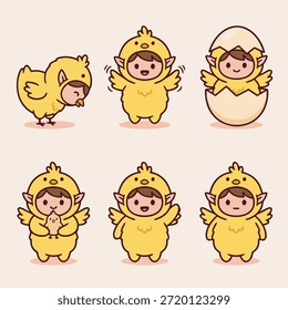 Una colección de adorables personajes de dibujos animados en varios disfraces y poses de chicas, incluido uno que nace de un huevo, perfecto para temas infantiles.