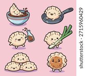 A collection of adorable cartoon dumplings, each with a unique happy expression and engaging in different activities, on a pink background.