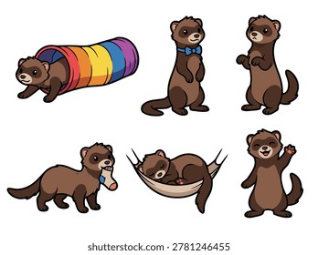 Collection of adorable cartoon ferrets in various playful poses and engaging in activities like playing in a tunnel and sleeping in a hammock.