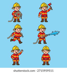 A collection of adorable cartoon firefighters in various poses, ready for action and fire safety.