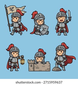 Uma coleção de adoráveis cavaleiros de desenhos animados em diferentes poses de ação, com armaduras, escudos, espadas e bandeiras, colocados contra um fundo azul claro.