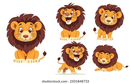 A collection of adorable cartoon lion illustrations featuring the king of the jungle in various playful poses. Perfect for children's books, educational materials, and creative projects