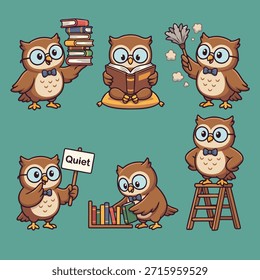 Uma coleção de adoráveis corujas de desenhos animados envolvidos em várias atividades acadêmicas e tranquilas, como ler, organizar livros e segurar um sinal de 'Quiet'.