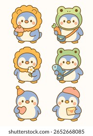 Collection of Adorable Cartoon Penguin  Dressed in Costume - Sticker Pack Illustrations
