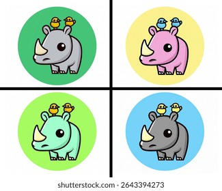 A collection of adorable cartoon rhinoceros illustrations, each featuring two small, friendly birds perched on its back.