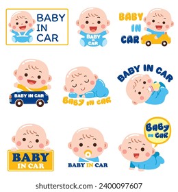 A collection of adorable cartoon-style "Baby in Car" signs featuring happy, sleeping, and playful babies in different poses.