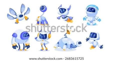 Collection of adorable cartoon-style robots with unique futuristic designs, shown on a white background. Concept of artificial intelligence. Vector illustration