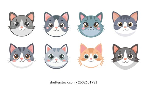 Collection of adorable cat faces perfect for designs and illustrations. Cute cats. Flat style illustration.