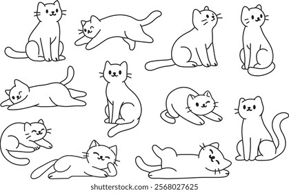 A collection of adorable cat vector illustrations in minimalist black-and-white line art. Features cats in various poses, including sitting, sleeping, stretching, and playful positions. 