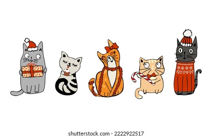 Collection of adorable Christmas cats with holiday elements - Santa hat, candy cane, ugly sweater. Set of cute pet animals, funny Xmas cards. Vector cartoon illustrations isolated on white background.