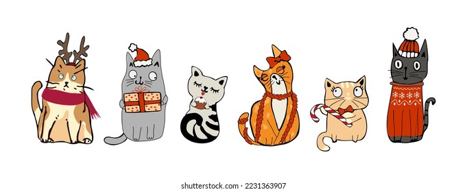 Collection of adorable Christmas cats with holiday elements - Santa hat, candy cane, ugly sweater. Set of cute pet animals, funny Xmas cards. Vector illustrations isolated on white background. 