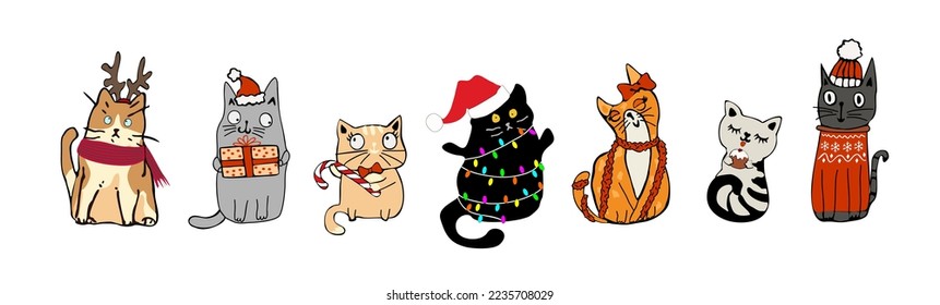 Collection of adorable Christmas cats with holiday elements - Santa hat, candy cane, ugly sweater. Set of cute pet animals, funny Xmas cards. Vector illustrations isolated on white background. 